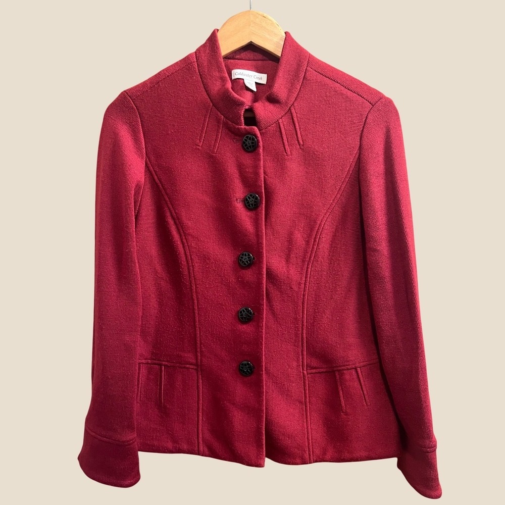 Coldwater Creek Knit Jacket Womens 12 Red Mock Neck Button Front Structured
